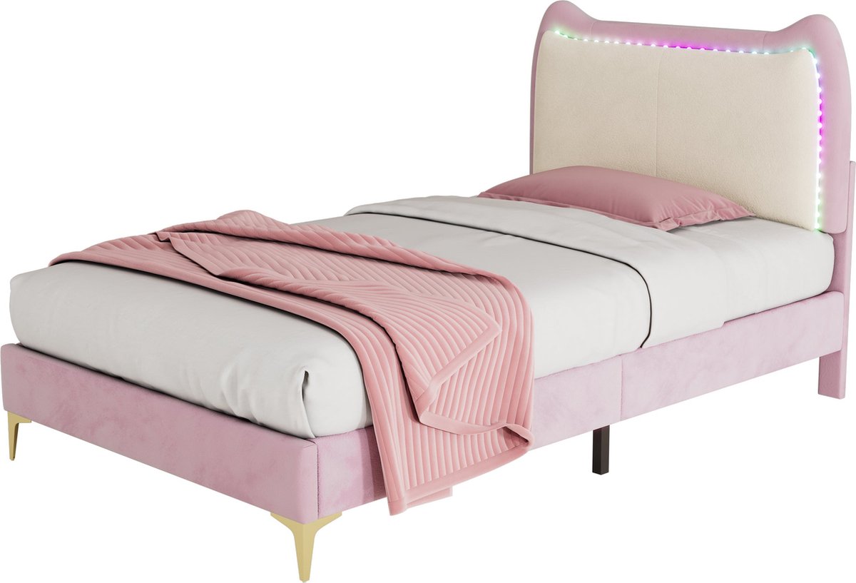 Merax Velvet Bed met LED Verlichting - 90x200 cm Kinderbed met Kattenoren - Eenpersoonsbed - Roze met Wit