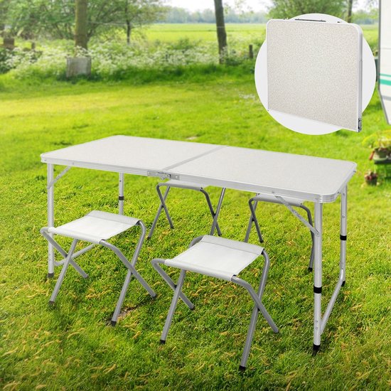 Campingtafel Inklapbaar met 4 Krukjes - 120 x 60 CM - In Hoogte Verstelbaar - Incl. handvat van Leusder. — afbeelding 3