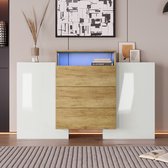 Buffet Sweiko, commode moderne, meuble 140cm, coloris blanc brillant et bois, effets lumineux LED multicolores. Solution de stockage élégante