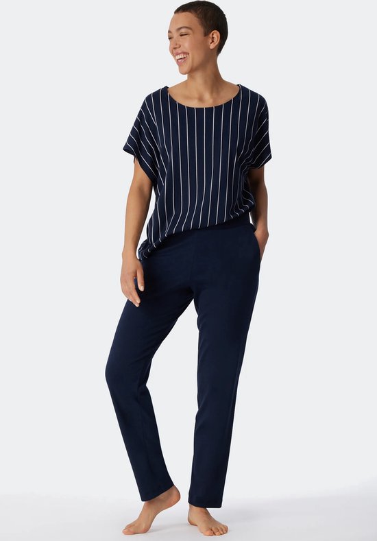 SCHIESSER Modern Nightwear T-shirt - dames pyjama lang modal oversized shirt korte mouwen donkerblauw gestreept - Maat: 44