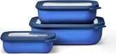 Multischaal Cirqula rechthoekige set 3-delig - voorraaddozen met deksel - geschikt als opbergdoos, koelkast, vriezer en magnetronservies - 500 ml, 1000 en 2000 ml - levendig blauw