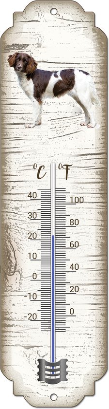 Thermomètre mural vertical avec petit épagneul de Münster, fond effet bois, graduation en Celsius et Fahrenheit.