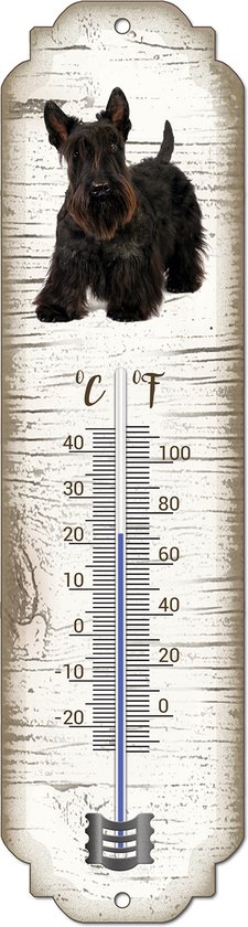 Thermomètre extérieur vertical à motif bois blanc avec un terrier écossais noir, affichant Celsius et Fahrenheit.