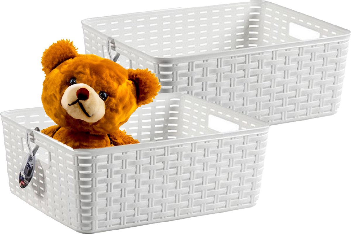 Plasticforte Opbergmand - 2x - Kastmand - rotan kunststof - wit - 12 Liter - 30 x 37 x 13 cm