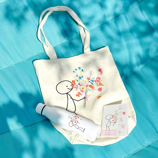 Robin met bloemen Totebag - draagtas, katoenen tas, schoudertas, canvas tas