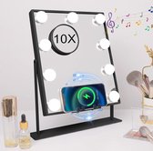 Make-up Spiegel met Licht - Draadloos Oplaadstation - 360 Graden Rotatie - Hollywood Spiegel met 3 Kleuren Licht & 9 Dimbare LED-Lampen - Zwart