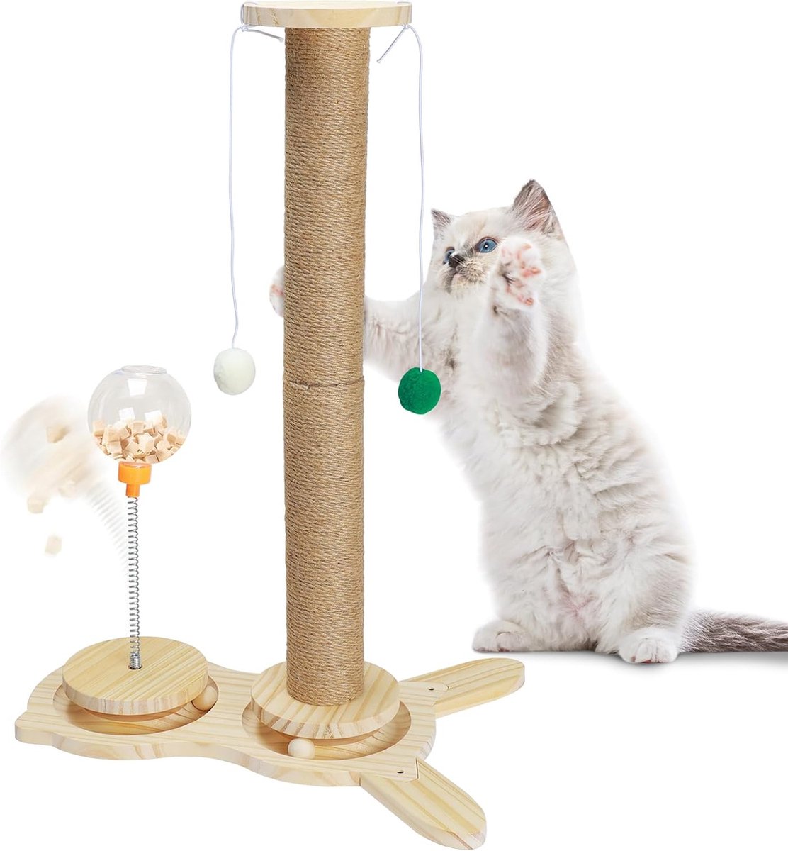 Kat krabpaal groot, interactief kattenspeelgoed van hout, intelligent speelgoed, krabpaal met 2 interactieve ballen, sisaltouw krabpalen (hoogte 66 cm)