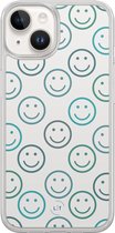 Hoesje geschikt voor iPhone 14 - Happy smileys - 2in1 backcover - Print / Illustratie - Blauw - Leuke Telefoonhoesjes