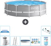 Piscine Intex Round Prism Frame - 366 x 99 cm - Grijs - Pompe incluse - Couverture Ladder - Kit d'entretien - Filtre - Tapis de sol - Aspirateur