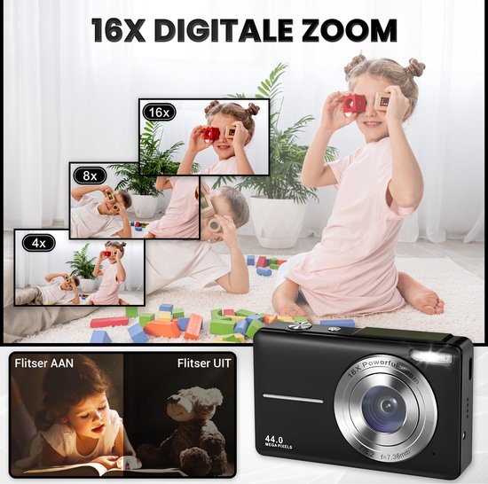 Zwarte compactcamera met 44.0 megapixel, 16x zoom. Kind speelt met blokken, digitale zoom illustraties. Fotos van lezend kind en knuffelbeer met flitser aan/uit.