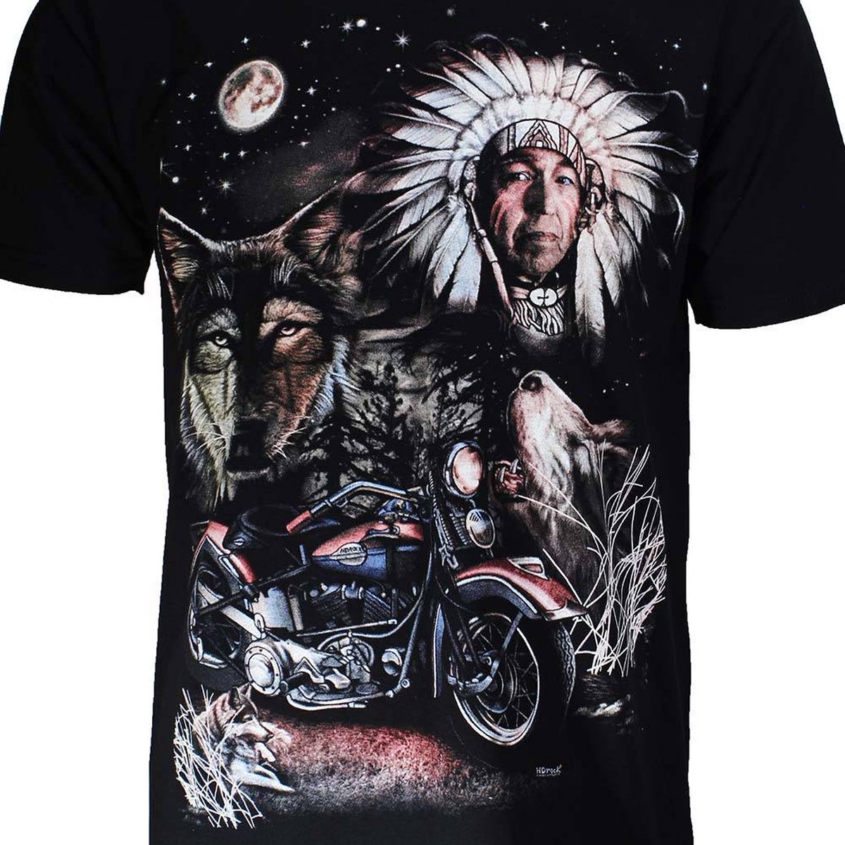 T-shirt loup lune moto amérindien indien Zwart bol
