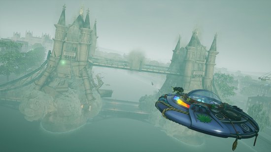 Een buitenaardse vliegende schotel met psychedelische symbolen vliegt voor de Tower Bridge in Londen, omgeven door mist.