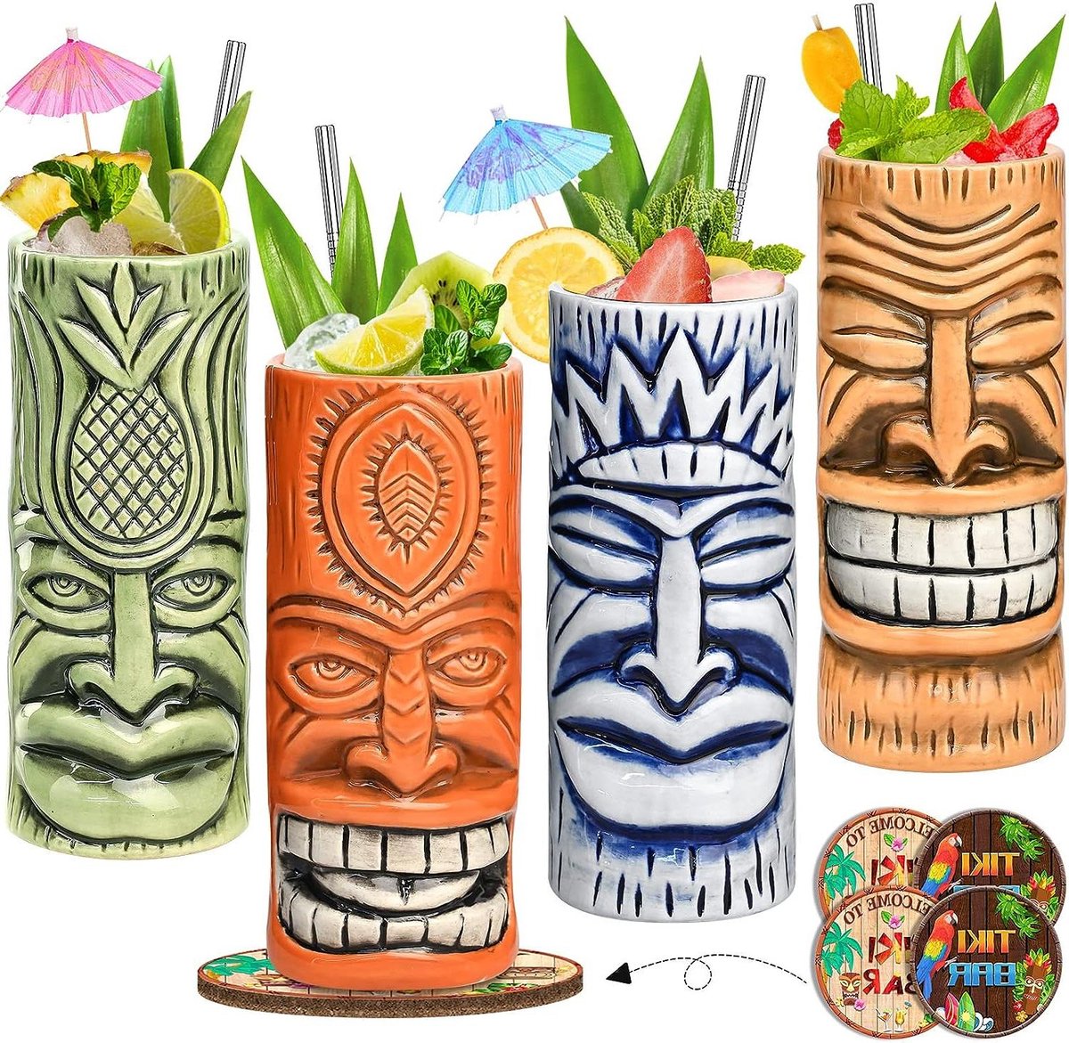 Keramische Tiki Glazen Set van 4 Unieke Cocktailglazen voor Hawaiiaanse Mokken Perfect voor Halloween en Kerstfeest mokken set
