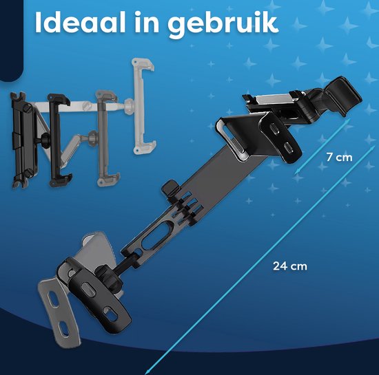 Zwarte hoofdsteunhouder met afmetingen 7 cm en 24 cm.