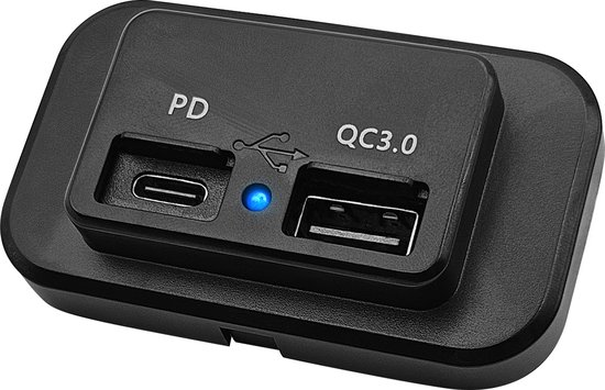 Foto: 12v usb autolader 2 poorten opbouw qc3 0 pousb 4qc usb c stopcontact auto boot en camper blauw