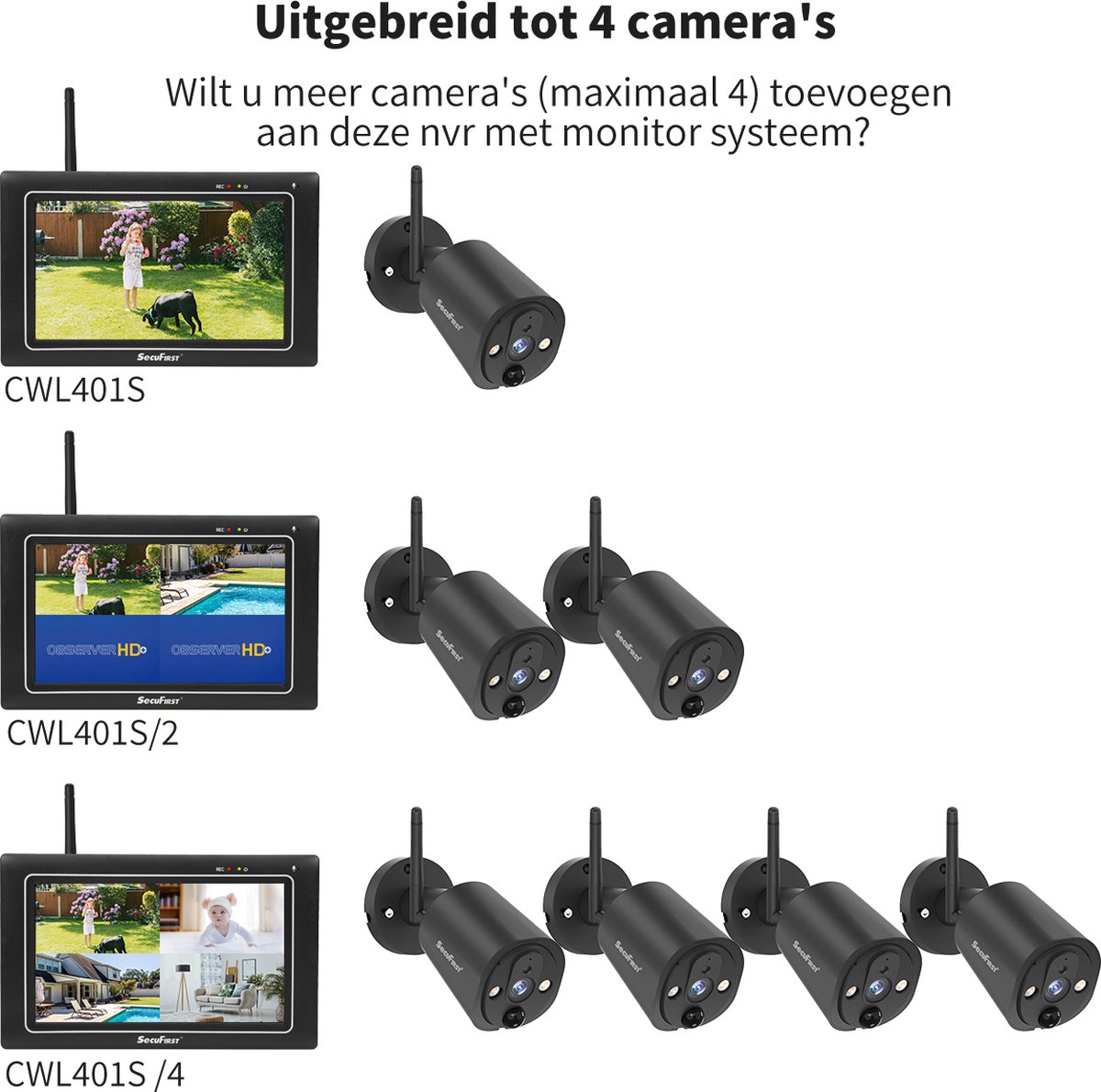 Afbeelding 2 van SecuFirst CWL401S/2 Draadloze 3 megapixel Beveiligingscamera met monitor - 7 inch touchscreen + 2 camera's - Zwart - Gratis app