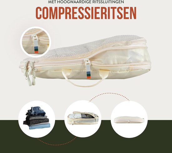 Foto: Verpakkingstasjes met compressiezakken gemaakt van plastic flessen organisator voor tassen koffers rugzakken reis organisator voor kleding schoenen zand beige 7 delige set