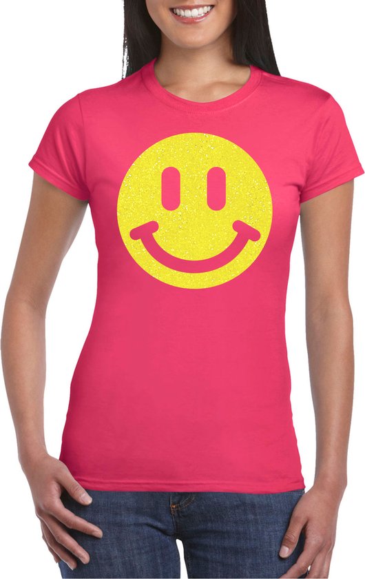 Bellatio Decorations Verkleed shirt dames - smiley - roze - carnaval/foute party - feestkleding M