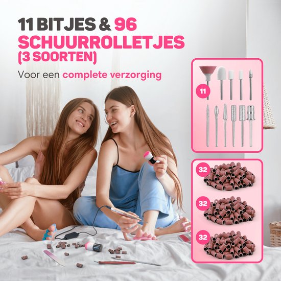 Vulpes Goods® BeautyCare - Elektrische Nagelvijl - 11 Nagelfrees Bitjes, 3 soorten Schuurrolletjes, 96 stuks & Draagtas - Manicure & Pedicure set - Limited Edition - Rosé/Goud - Vulpes goods