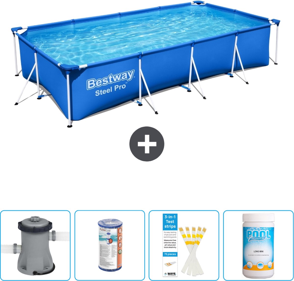 Bestway Rechthoekig Steel Pro Zwembad – 400 x 211 x 81 cm – Blauw – Inclusief Pomp Filter – Testrips – Chloor Bestway Rechthoekig Steel Pro Zwembad – 400 x 211 x 81 cm – Blauw – Inclusief Pomp Filter – Testrips – Chloor