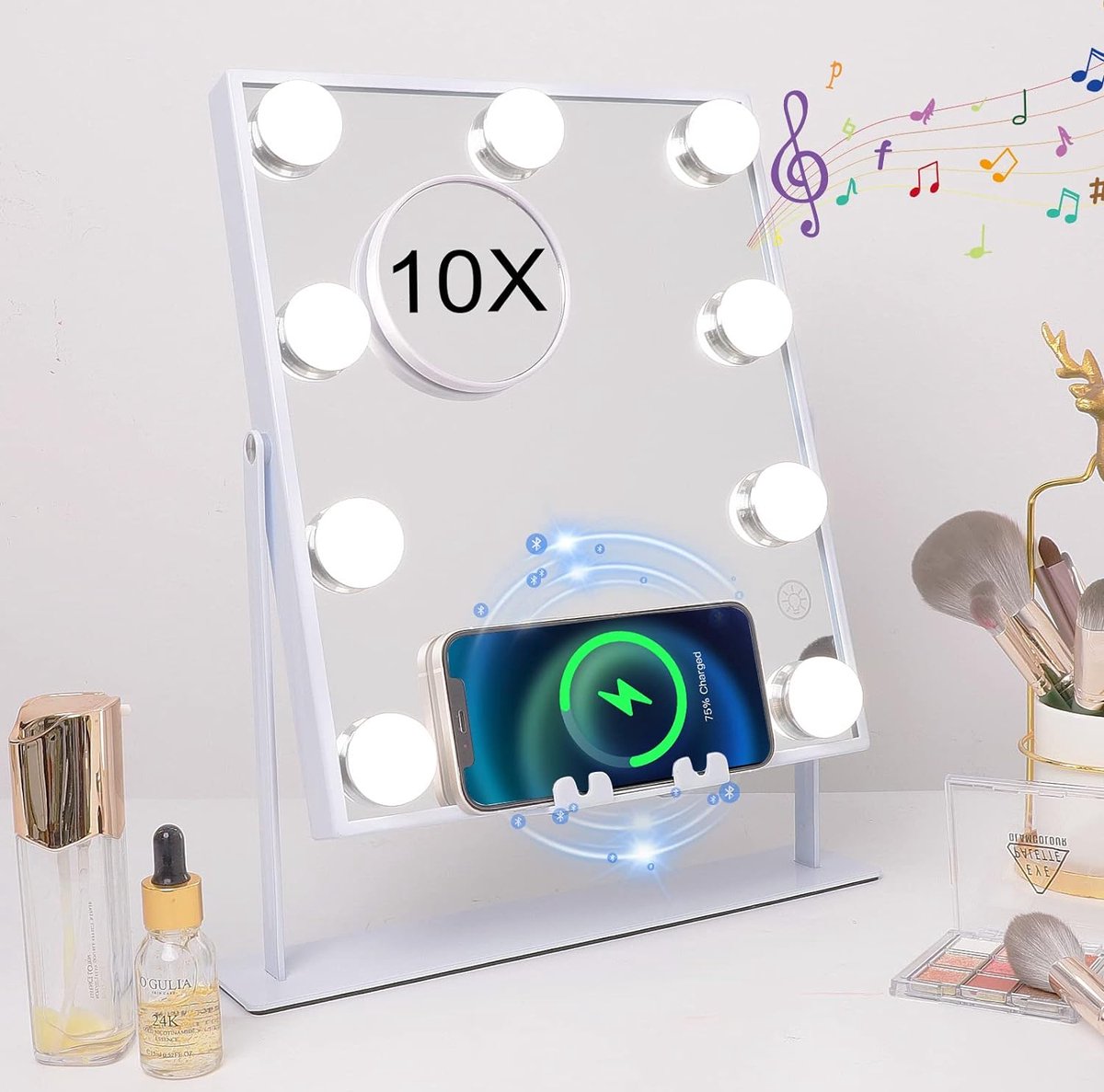 Luxe Bluetooth Make-upspiegel met verlichting - 30x41cm - Draadloos oplaadstation - Hollywood - 3 kleuren licht - 9 dimbare LED lampen - 360 graden