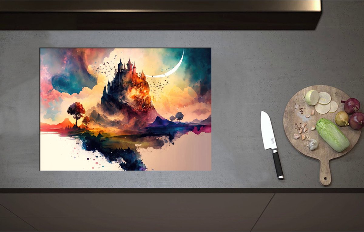 Inductieplaat Beschermer - Aquerelverf Tekening van Kasteel op Berg - 71x51 cm - 2 mm Dik - Inductie Beschermer - Bescherming Inductiekookplaat - Kookplaat Beschermer van Wit Vinyl