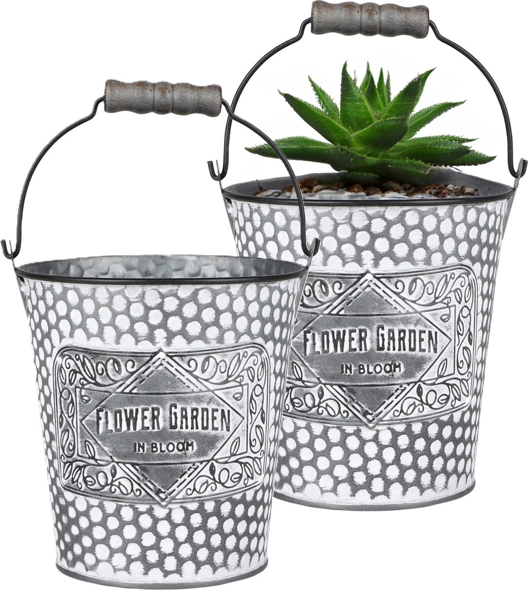 Goedkoopste Sunnydays Emmer/plantenpot/bloempot - 2x - zink - zilver - D12.5 x H13 cm
