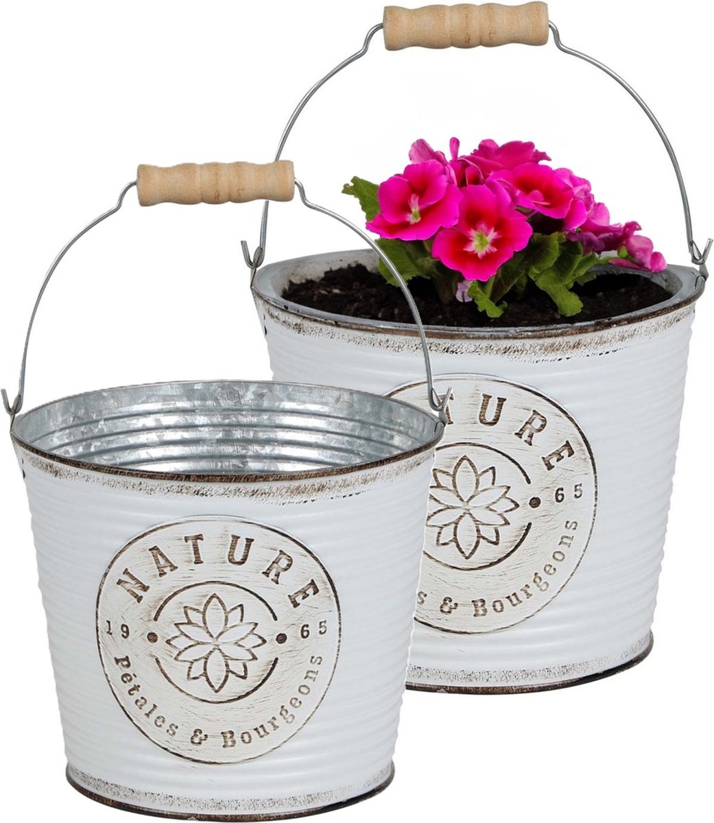 Goedkoopste Sunnydays Emmer/plantenpot/bloempot - 2x - zink - ivoorwit - D23 x H22 cm