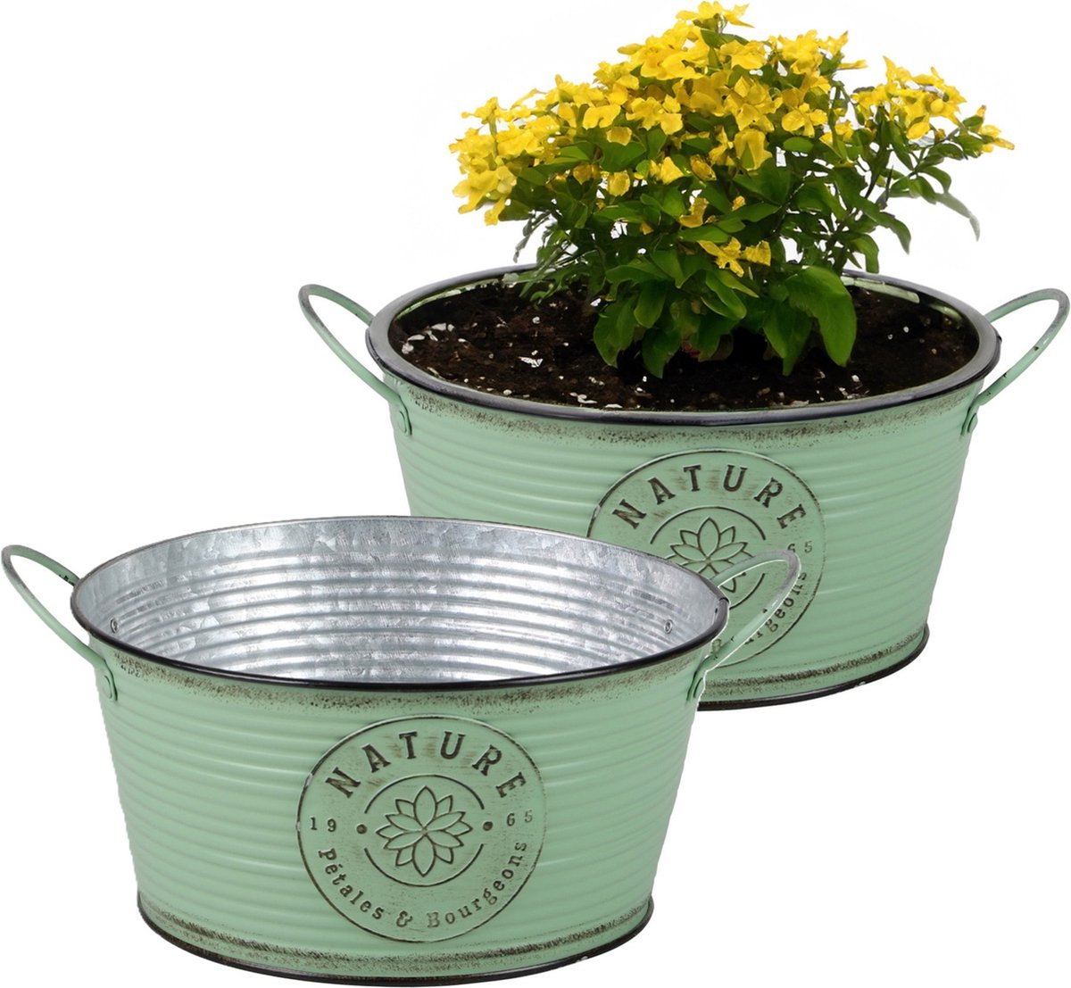 Goedkoopste Sunnydays Teil/plantenpot/bloempot - 2x - zink - rond - jadegroen - D25 x H12 cm