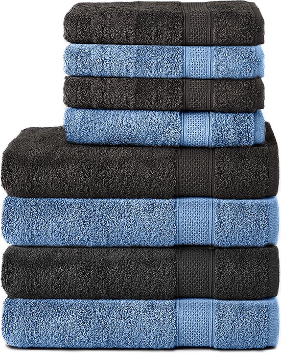 Komfortec Handdoekenset – Set van 8 - 4x Handdoek 50x100 cm en 4x Badhanddoek 70x140 cm - 100% Katoen - Zwart&Lichtblauw