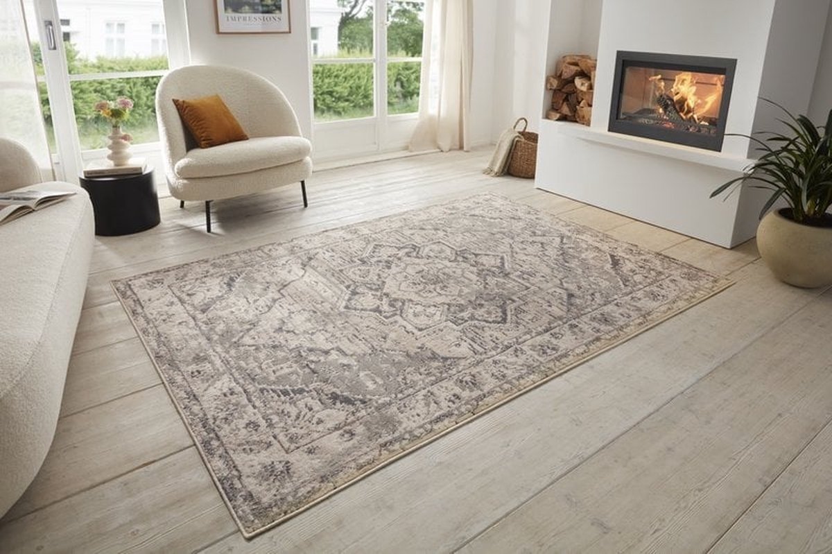 Flycarpets Terrain Designer Laagpolig vloerkleed - Crème / Grijs - 160x235 cm