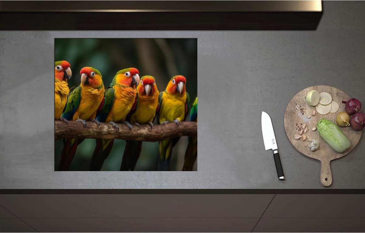 Inductieplaat Beschermer - Ara papegaaien zitten op een rijtje langs elkaar op een tak - 59x55 cm - 2 mm Dik - Inductie Beschermer - Bescherming Inductiekookplaat - Kookplaat Beschermer van Zwart Vinyl