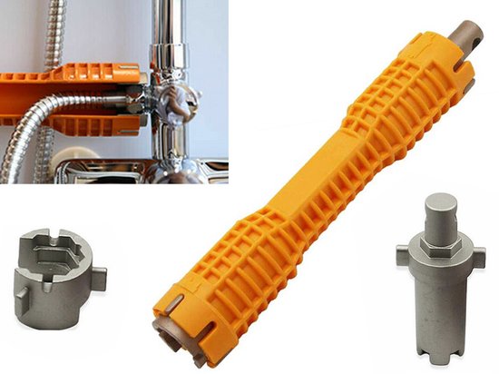Oranje kraansleutel met metalen inzetstukken en close-up van een ander metalen inzetstuk.