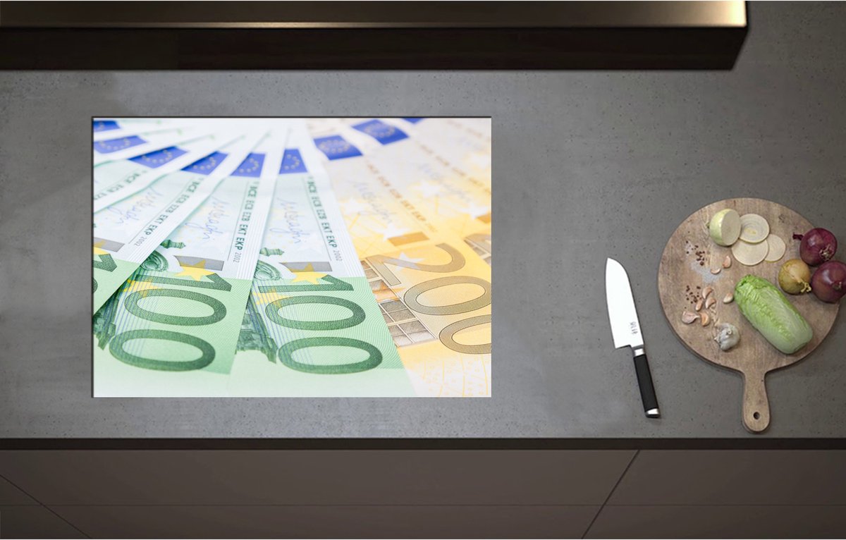 Inductieplaat Beschermer - 100 en 200 Euro Biljetten in Cirkel - 71x50 cm - 2 mm Dik - Inductie Beschermer - Bescherming Inductiekookplaat - Kookplaat Beschermer van Wit Vinyl
