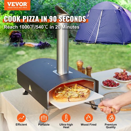 Vevor - Draagbare Pizza Oven - Outdoor- 304.8mm - Gas Houtpellets Houtskool Pizza Oven - RVS Pizza Oven - Max 540℃ - Schep & Pizza Steen & Draagtas - Premium Houtgestookte Pizza Oven voor Tuin van VEVOR — afbeelding 4