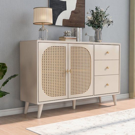 Sweiko Woonkamer ladekast, opbergkast, zijpaneel, TV tafel, met deuren en lades, met grote opbergruimte, beige, breedte 120 cm