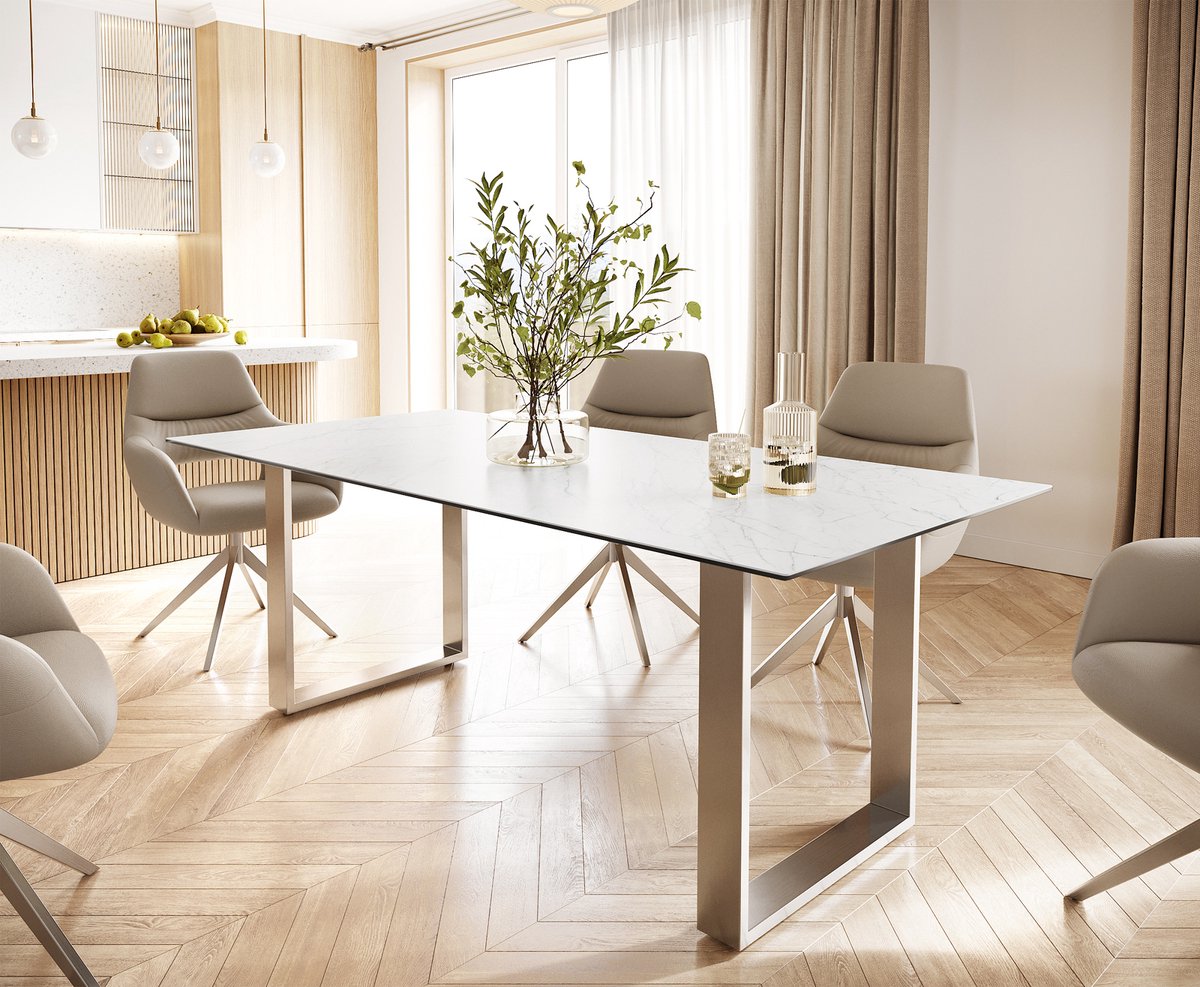 DELIFE Eettafel Edge keramiek Laminam® Statuarietto wit 200x100 roestvrij staal smal Statuarietto Weiß