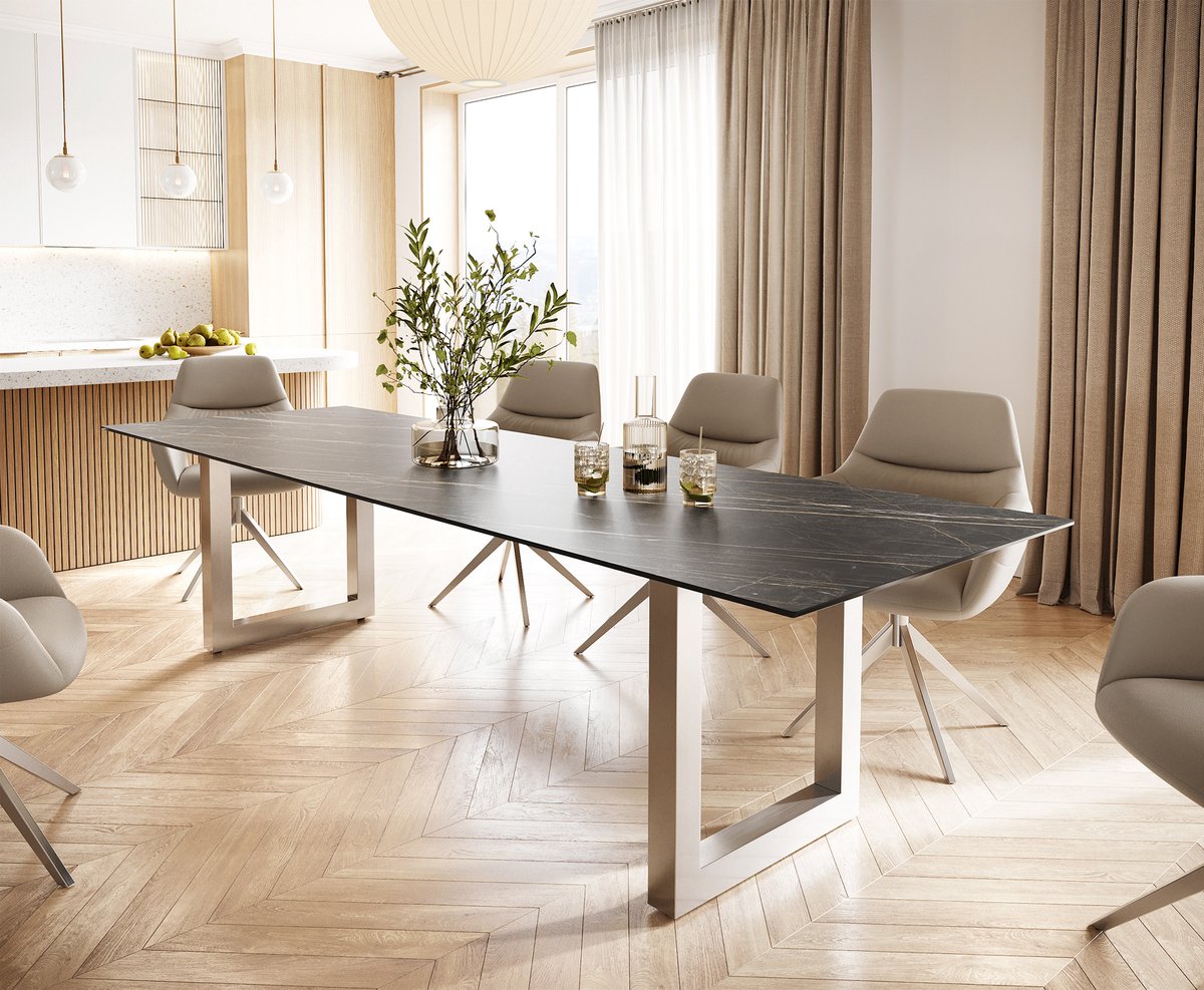 DELIFE Eettafel Edge keramiek Laminam® Noir Desir bruin 300x100 roestvrij staal breed