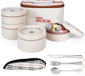 Belle Vous 5-Piece Portable Insulated Lunch Container Set with Cutlery - 4 Stainless Steel Leakproof Stackable Food Bento Boxes with Thermal Bag - Lunch Box Set for Adults/Students - Biege