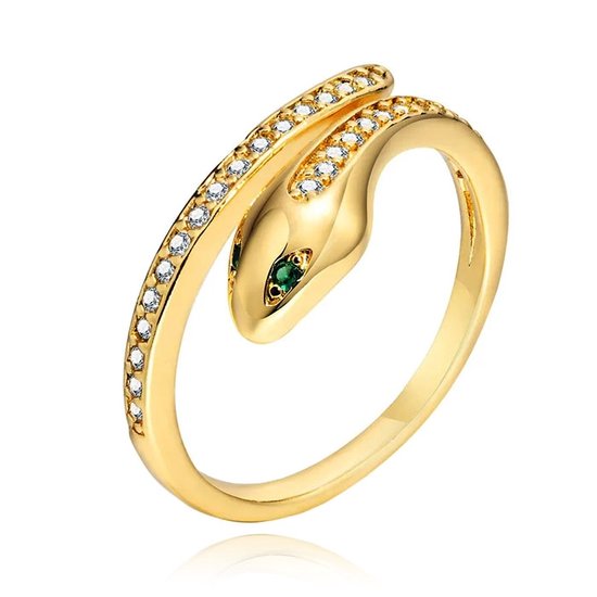 Bague serpent dorée ornée de zircons blancs et d'yeux vert émeraude.