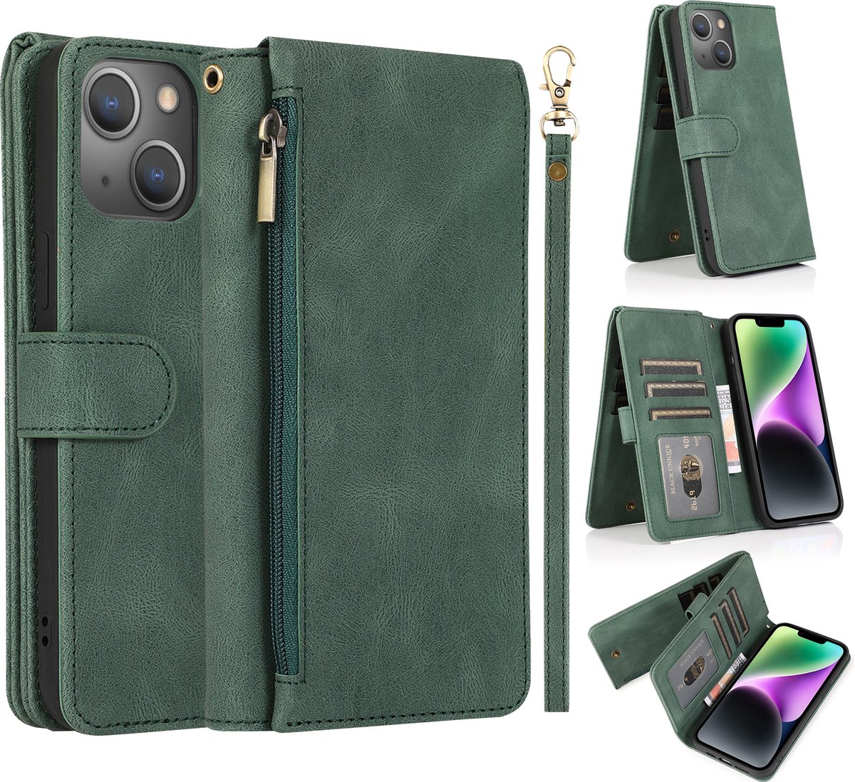 Hoesje geschikt voor iPhone 14 Pro - Bookcase - Pasjeshouder - Portemonnee - Rits - Kunstleer - Groen