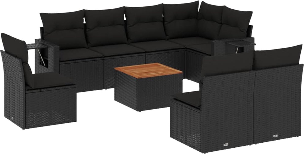 vidaXL 9-delige - Loungeset - met - kussens - poly - rattan - zwart