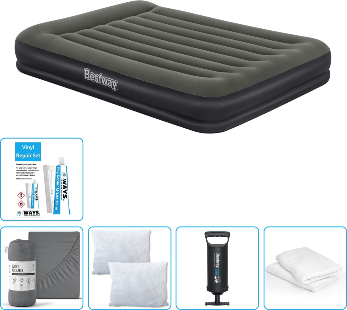 Bestway luchtbed - 2-Persoons - 152 x 203 x 36 cm - Groen - Inclusief Hoeslaken - Kussen - Kussenbeschermer - Pomp en Reparatieset