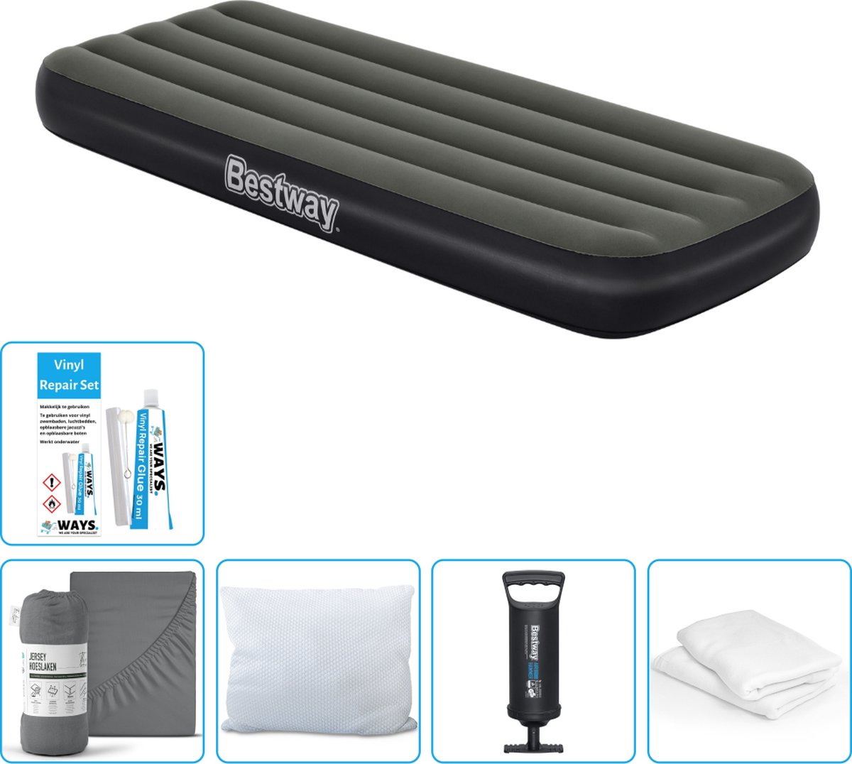 Bestway luchtbed - 1-Persoons - 76 x 185 x 25 cm - Groen - Inclusief Hoeslaken - Kussen - Kussenbeschermer - Pomp en Reparatieset