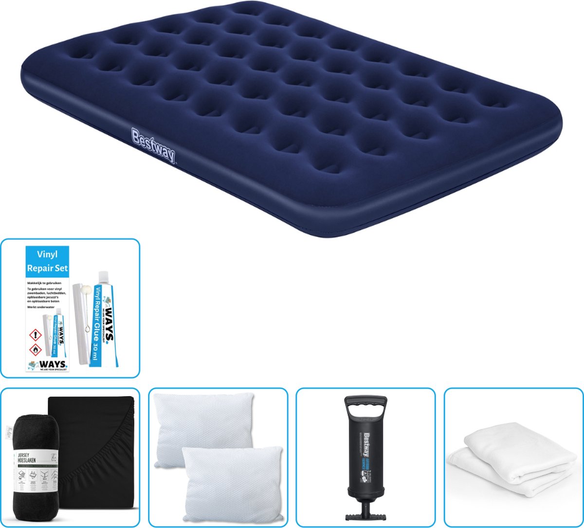 Bestway luchtbed - Twijfelaar - 137 x 191 x 22 cm - Blauw - Inclusief Hoeslaken - Kussen - Kussenbeschermer - Pomp en Reparatieset
