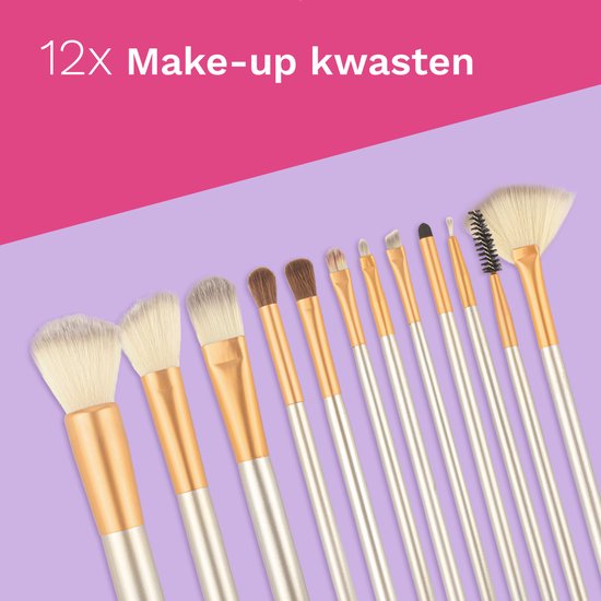 Set van 12 make-up kwasten met gouden houders en witte tot bruine borstelharen.