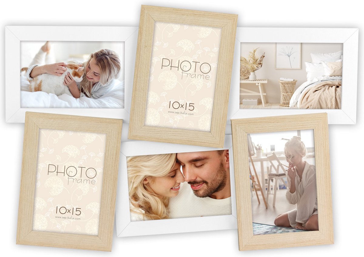 Zep Houten multi Fotolijst Favignana Bruin / Wit voor 6 foto's 10x15 (formaat 48x34 cm)