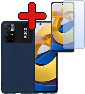 Hoesje Geschikt voor Xiaomi Poco M4 Pro 5G Hoesje Siliconen Case Hoes Met Screenprotector - Hoes Geschikt voor Xiaomi Poco M4 Pro 5G Hoes Cover Case - Donkerblauw