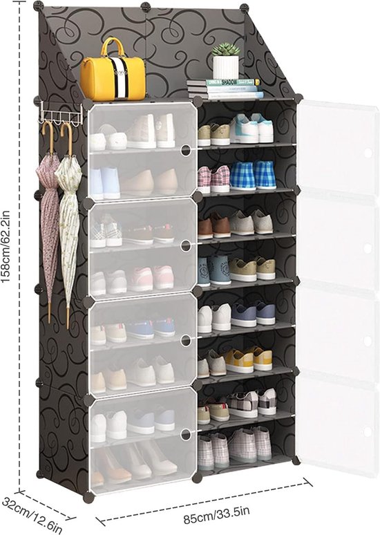 Schoenenkast met deuren en sleutelhangers, schoenenrek, uittrekbaar, voor 16-32 paar schoenen, laarzen, pantoffels (2 x 8 planken) (zwart)
