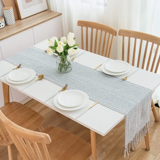 Tafelloper van macramé, 240 cm, beige, boho, tafelloper met kwastjes Tafelloper van macramé, 240 cm, beige, boho, tafelloper met kwastjes